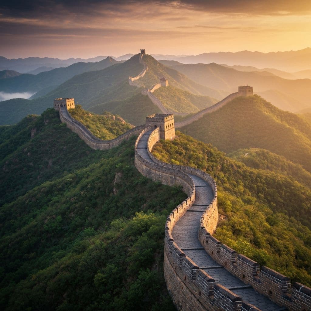 Great Wall of China winding through misty mountains