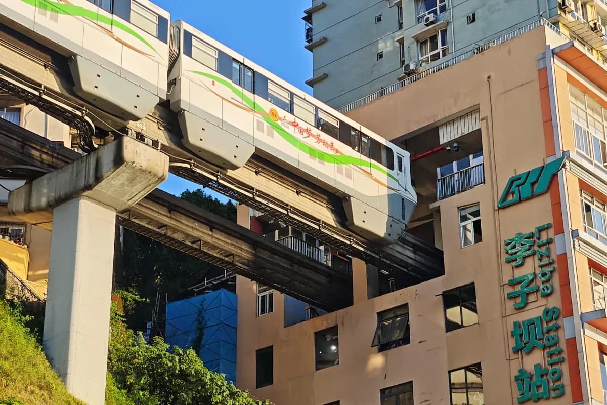 The light rail passes through the building in Liziba.